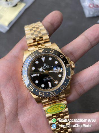 CF Rolex Clean Factory GMT Master II 126718GRNR Full Yellow Gold Black Grey Bezel Black Dial Jubilee Bracelet DD3285 Movement 01