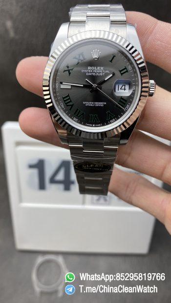 Clean Factory Watch Rolex DateJust Wimbledon 126334 41mm Gray Dial Green Roman Markers Oyster Bracelet DD3235