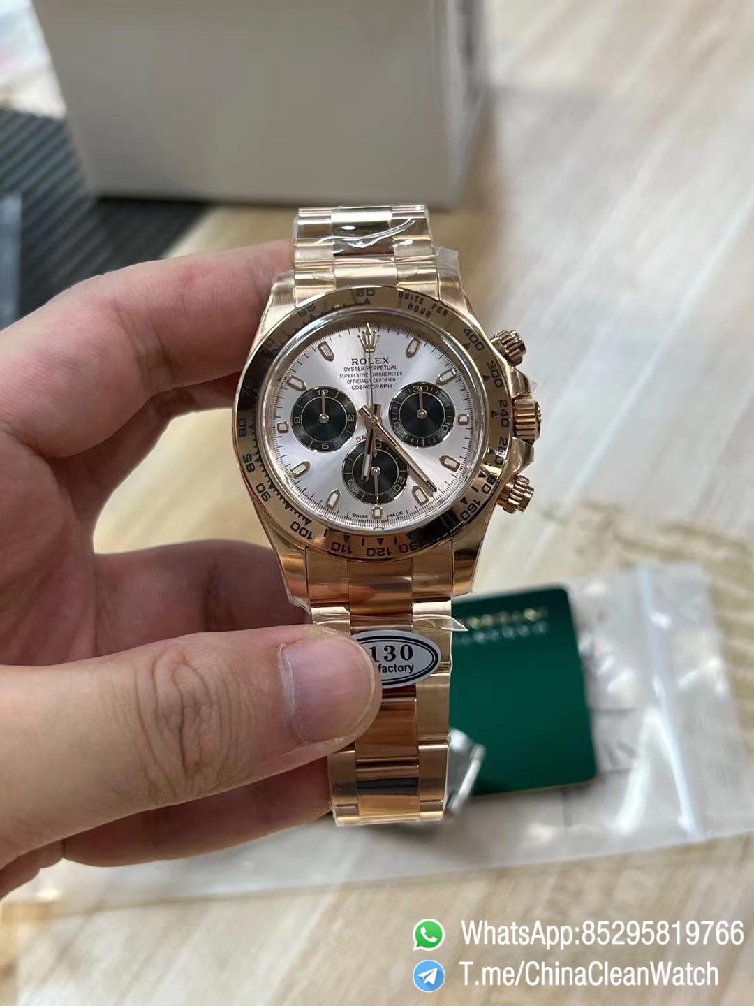 Clean Factory Daytona 116505 Rose Gold Case Bracelet Silver Dail Black Chrono Dial DD4130 Superclone Movement 01 Clean Factory Daytona 116505 Rose Gold Case Bracelet Silver Dail Black Chrono Dial DD4130 Superclone Movement 01