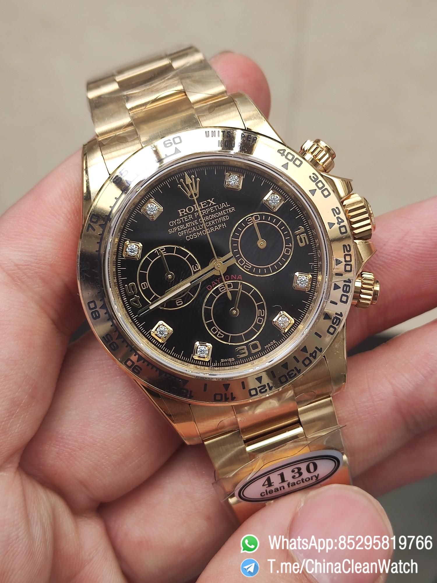 Clena Factory Rolex Daytona 116508 Yellow Gold Case Bracelet DD4130 Movement Black Dial Diamond Markers 02 Clena Factory Rolex Daytona 116508 Yellow Gold Case Bracelet DD4130 Movement Black Dial Diamond Markers 02