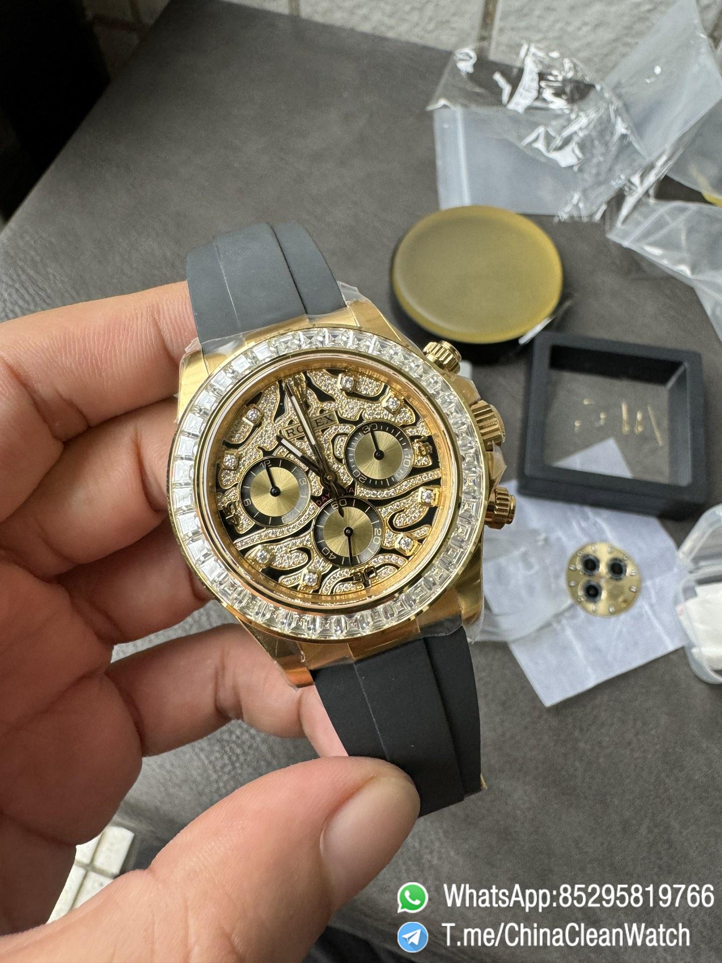 Clean Factory Rolex Daytona Eye Of The Tiger 116588TBR Wrapped 18K Yellow Gold Diamonds Dial Bezel DD4130 Movement 01 Clean Factory Rolex Daytona Eye Of The Tiger 116588TBR Wrapped 18K Yellow Gold Diamonds Dial Bezel DD4130 Movement 01