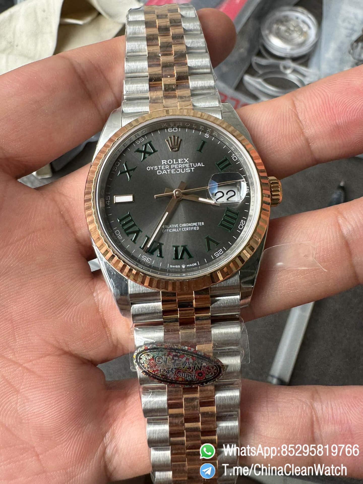 Clean Factory DateJust 36mm 126231 Wimbledon 904L Steel Grey Dial Green Roman Marker Two Tone Jubilee Bracelet SH3235 Movement 00 Clean Factory DateJust 36mm 126231 Wimbledon 904L Steel Grey Dial Green Roman Marker Two Tone Jubilee Bracelet SH3235 Movement 00