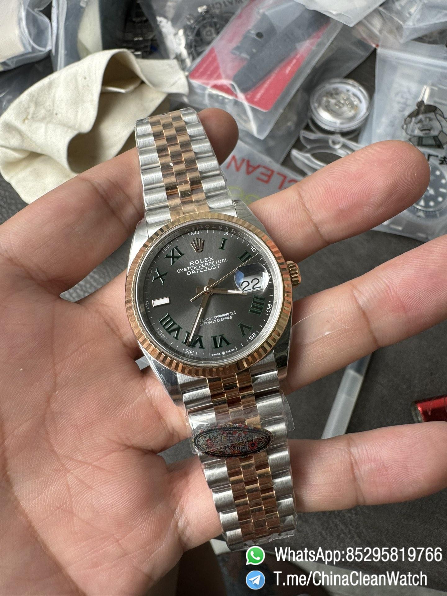 Clean Factory DateJust 36mm 126231 Wimbledon 904L Steel Grey Dial Green Roman Marker Two Tone Jubilee Bracelet SH3235 Movement 01 Clean Factory DateJust 36mm 126231 Wimbledon 904L Steel Grey Dial Green Roman Marker Two Tone Jubilee Bracelet SH3235 Movement 01