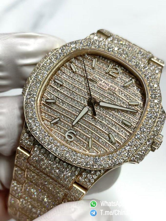 CNC Premium Patek Philippe Nautilus 7118 Ice Out Coating Lab Diamonds on Rose Gold Case with Genuine 324 Movement 02