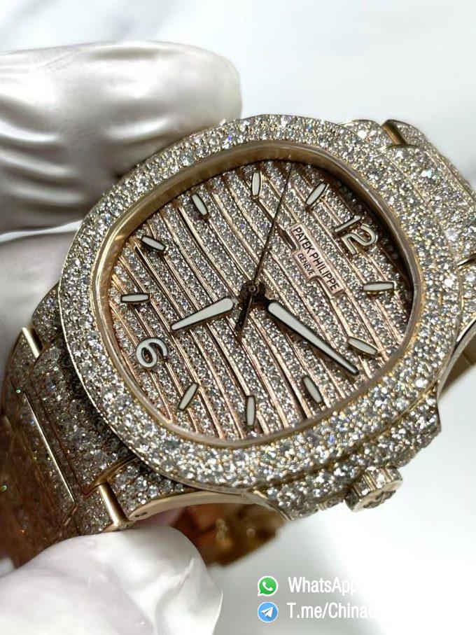 CNC Premium Patek Philippe Nautilus 7118 Ice Out Coating Lab Diamonds on Rose Gold Case with Genuine 324 Movement 03