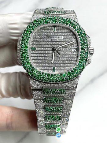 CNC Superb Iced Out Nautilus 5711 Green Diamonds Bezel Coating Lab Diamonds on 18K white gold Case Bracelet Genuine 324 Movement 01