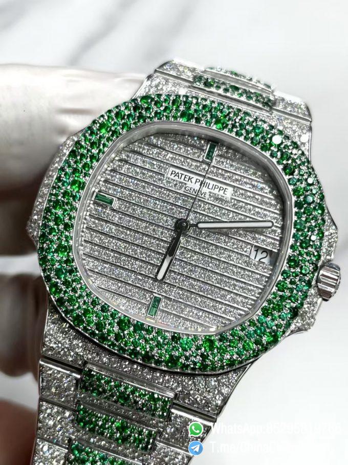 CNC Superb Iced Out Nautilus 5711 Green Diamonds Bezel Coating Lab Diamonds on 18K white gold Case Bracelet Genuine 324 Movement 02