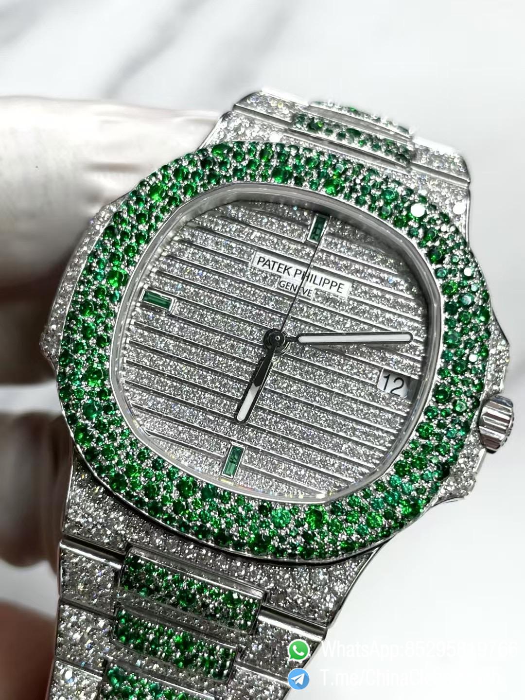 CNC Superb Iced Out Nautilus 5711 Green Diamonds Bezel Coating Lab Diamonds on 18K white gold Case Bracelet Genuine 324 Movement 02 CNC Superb Iced Out Nautilus 5711 Green Diamonds Bezel Coating Lab Diamonds on 18K white gold Case Bracelet Genuine 324 Movement 02