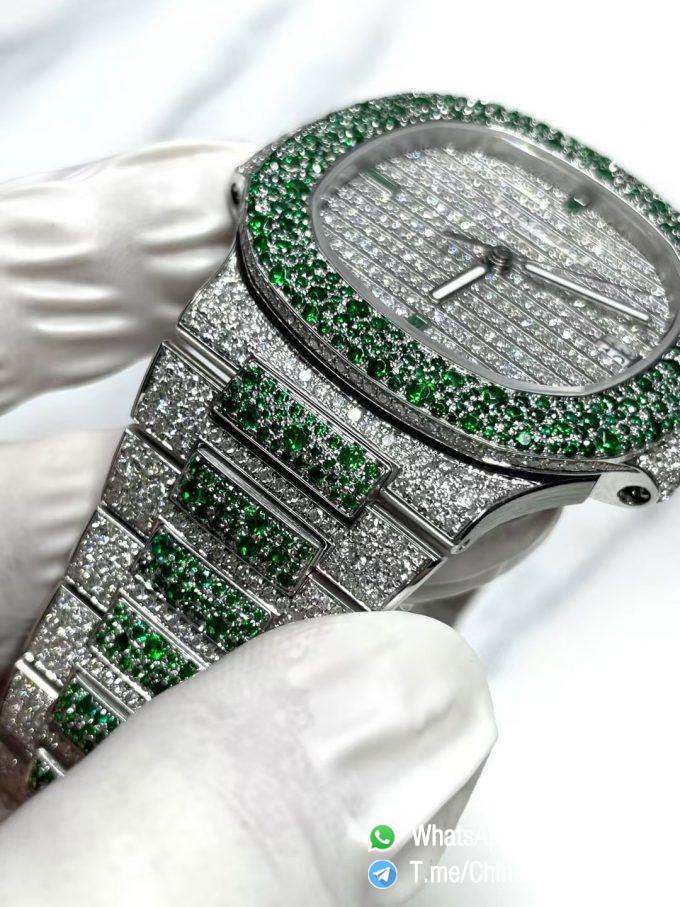 CNC Superb Iced Out Nautilus 5711 Green Diamonds Bezel Coating Lab Diamonds on 18K white gold Case Bracelet Genuine 324 Movement 03
