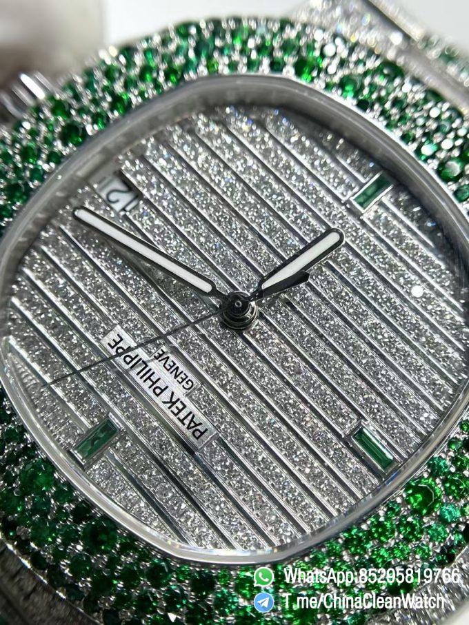 CNC Superb Iced Out Nautilus 5711 Green Diamonds Bezel Coating Lab Diamonds on 18K white gold Case Bracelet Genuine 324 Movement 04