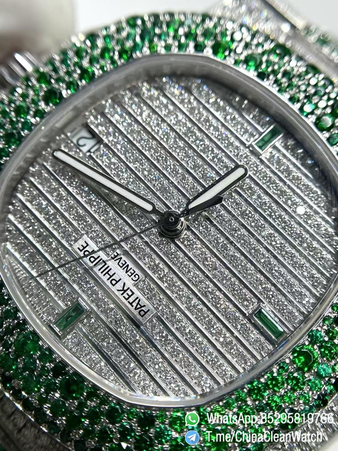 CNC Superb Iced Out Nautilus 5711 Green Diamonds Bezel Coating Lab Diamonds on 18K white gold Case Bracelet Genuine 324 Movement 04 CNC Superb Iced Out Nautilus 5711 Green Diamonds Bezel Coating Lab Diamonds on 18K white gold Case Bracelet Genuine 324 Movement 04
