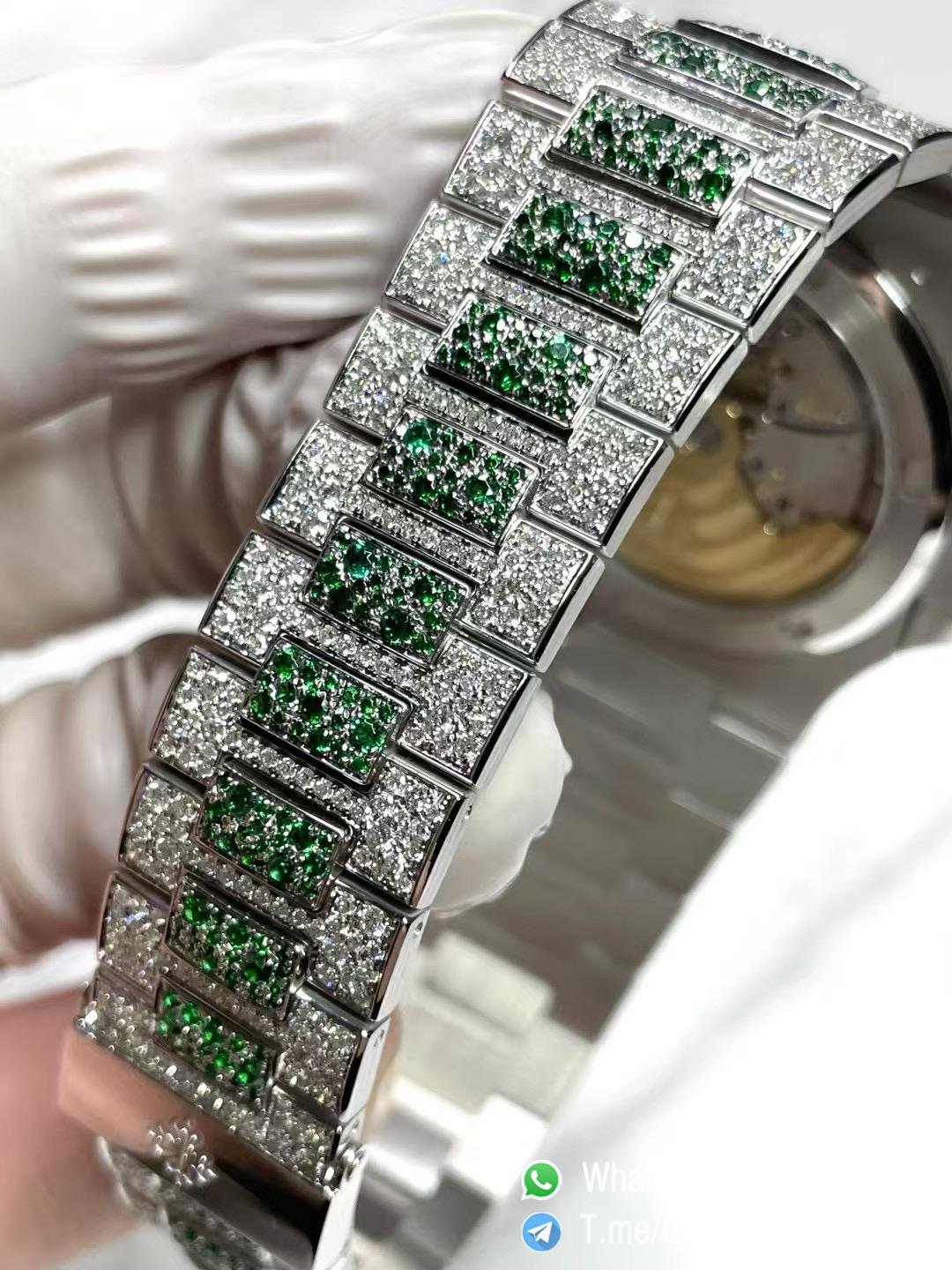 CNC Superb Iced Out Nautilus 5711 Green Diamonds Bezel Coating Lab Diamonds on 18K white gold Case Bracelet Genuine 324 Movement 05 CNC Superb Iced Out Nautilus 5711 Green Diamonds Bezel Coating Lab Diamonds on 18K white gold Case Bracelet Genuine 324 Movement 05