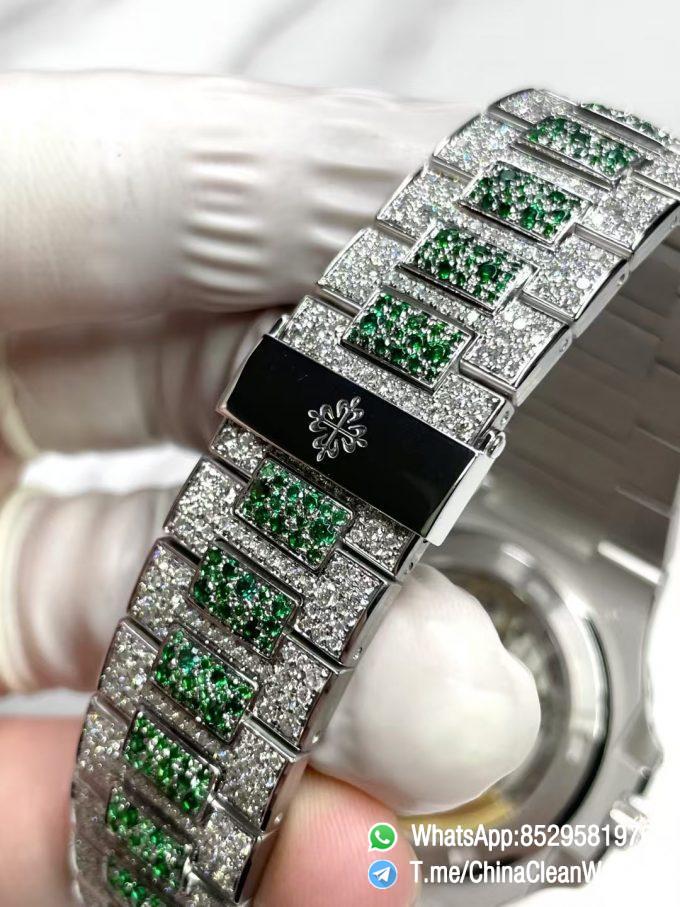 CNC Superb Iced Out Nautilus 5711 Green Diamonds Bezel Coating Lab Diamonds on 18K white gold Case Bracelet Genuine 324 Movement 07
