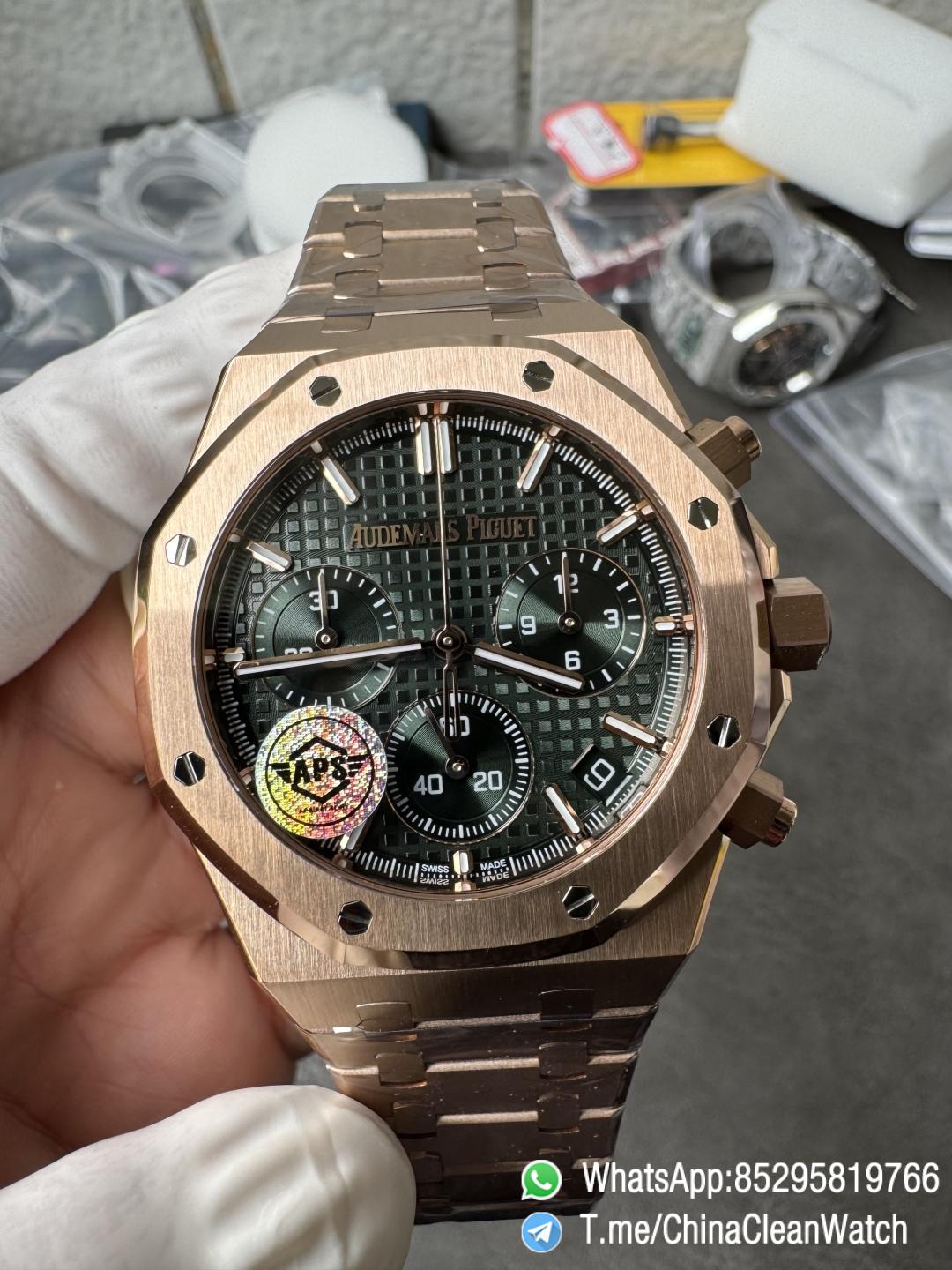 APS Factory Super Clone AP Royal Oak Chrono 26240 Green Dial on Rose Gold Case and Bracelet SuperClone 4401 Movement 01 APS Factory Super Clone AP Royal Oak Chrono 26240 Green Dial on Rose Gold Case and Bracelet SuperClone 4401 Movement 01