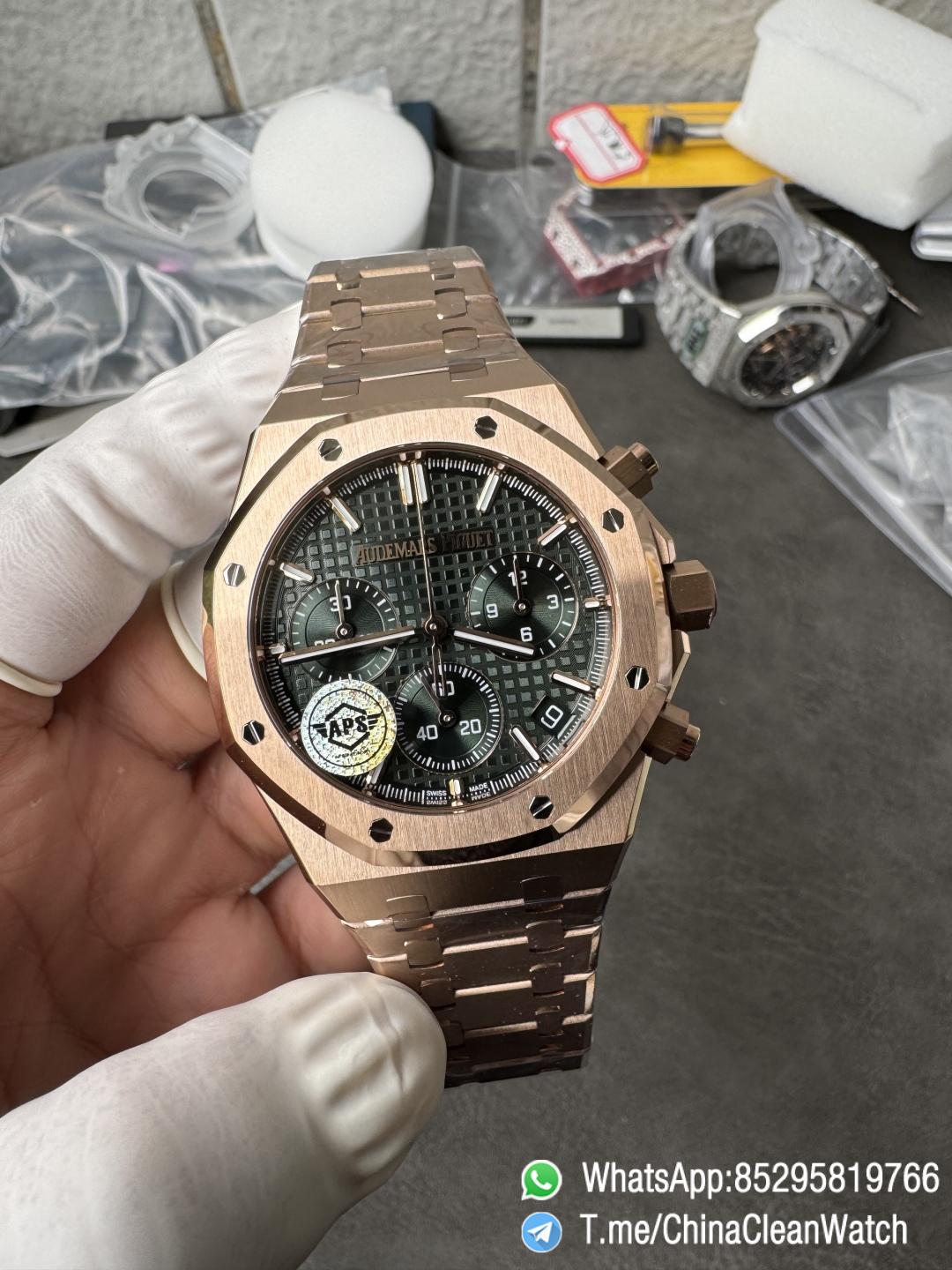 APS Factory Super Clone AP Royal Oak Chrono 26240 Green Dial on Rose Gold Case and Bracelet SuperClone 4401 Movement 02 APS Factory Super Clone AP Royal Oak Chrono 26240 Green Dial on Rose Gold Case and Bracelet SuperClone 4401 Movement 02