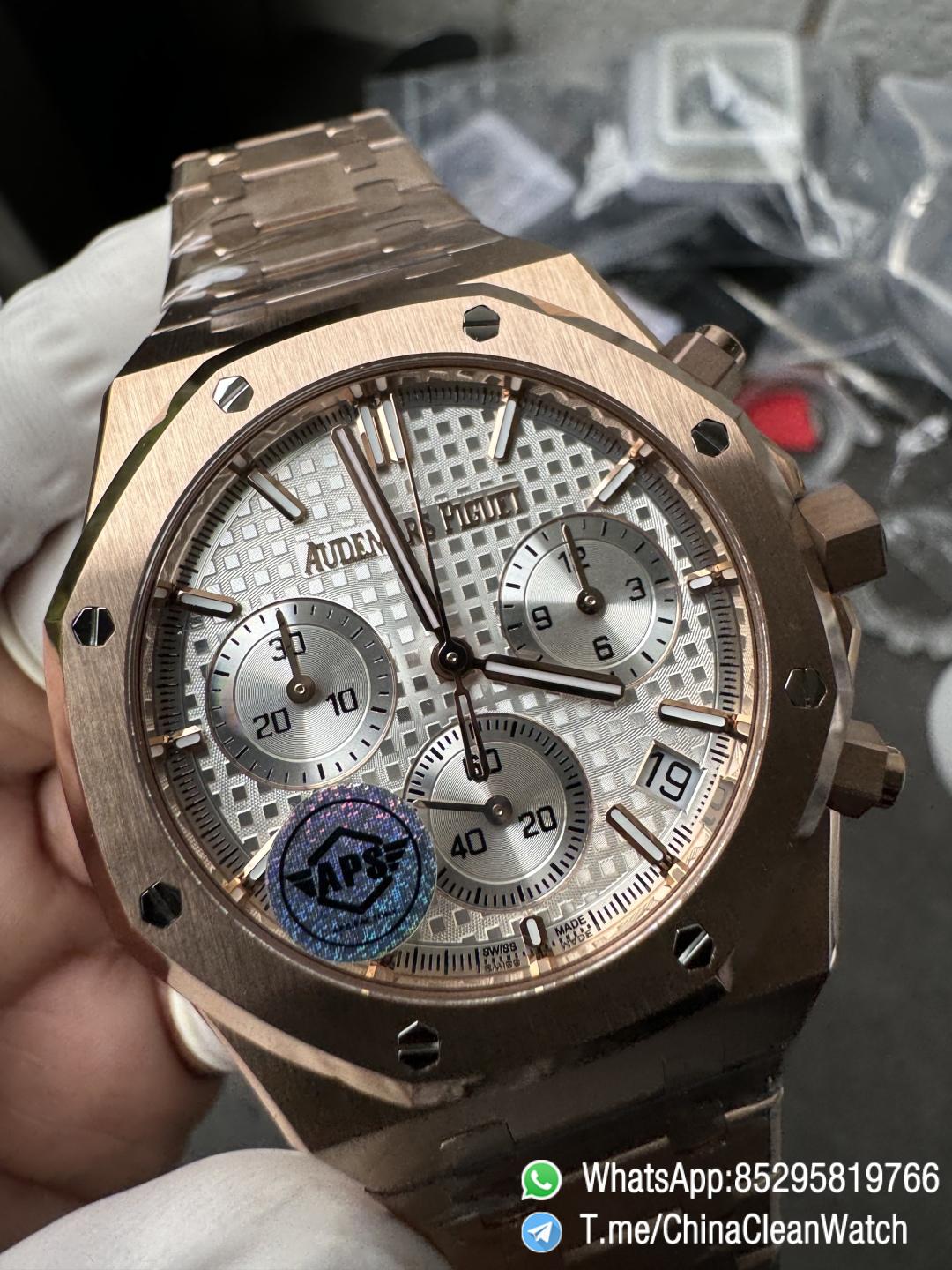 APS Factory Super Clone AP Royal Oak Chrono 26240 Silver Dial on Rose Gold Case and Bracelet SuperClone 4401 Movement 06 APS Factory Super Clone AP Royal Oak Chrono 26240 Silver Dial on Rose Gold Case and Bracelet SuperClone 4401 Movement 06