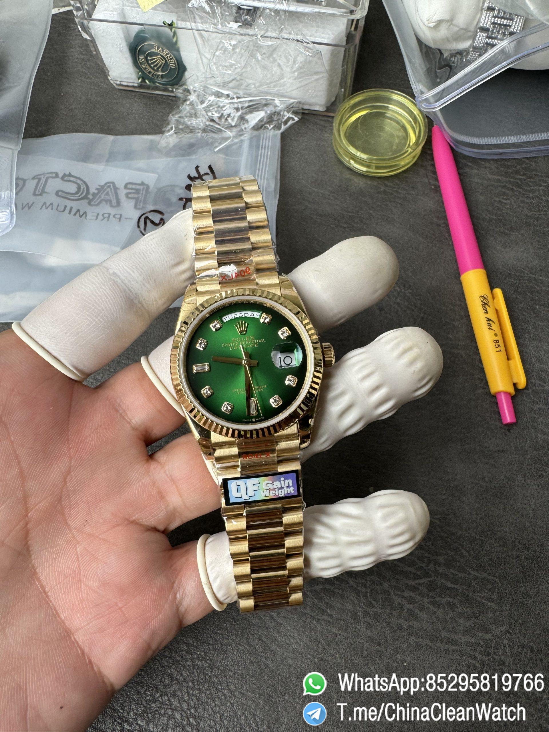 Clean Factory Watches QF Gain Weight 156g Day Date 36mm M128238 0069 Yellow Gold Case Green Ombre Diamonds Dial A2836 Movement 01 Clean Factory Watches QF Gain Weight 156g Day Date 36mm M128238 0069 Yellow Gold Case Green Ombre Diamonds Dial A2836 Movement 01