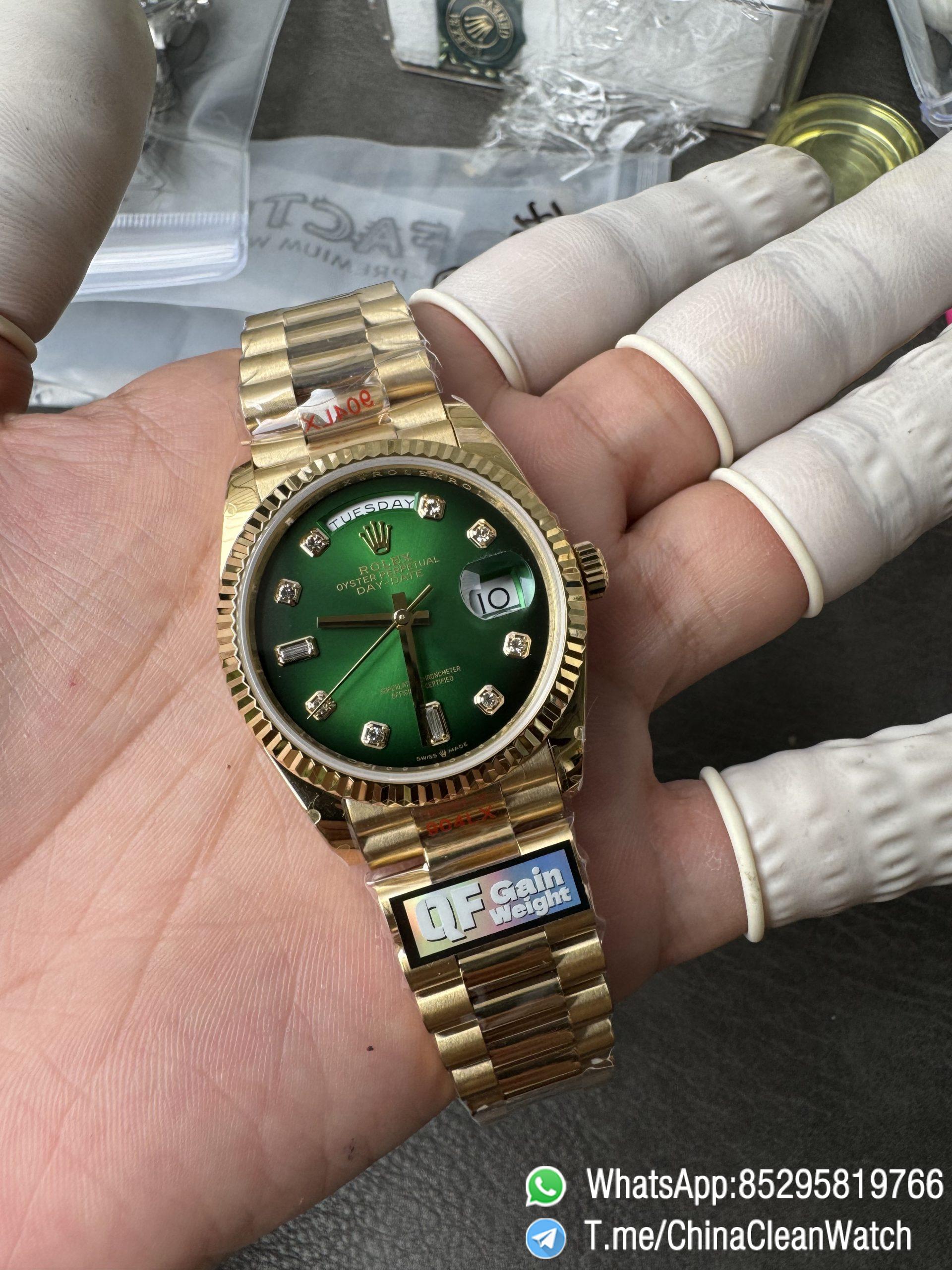 Clean Factory Watches QF Gain Weight 156g Day Date 36mm M128238 0069 Yellow Gold Case Green Ombre Diamonds Dial A2836 Movement 03 Clean Factory Watches QF Gain Weight 156g Day Date 36mm M128238 0069 Yellow Gold Case Green Ombre Diamonds Dial A2836 Movement 03