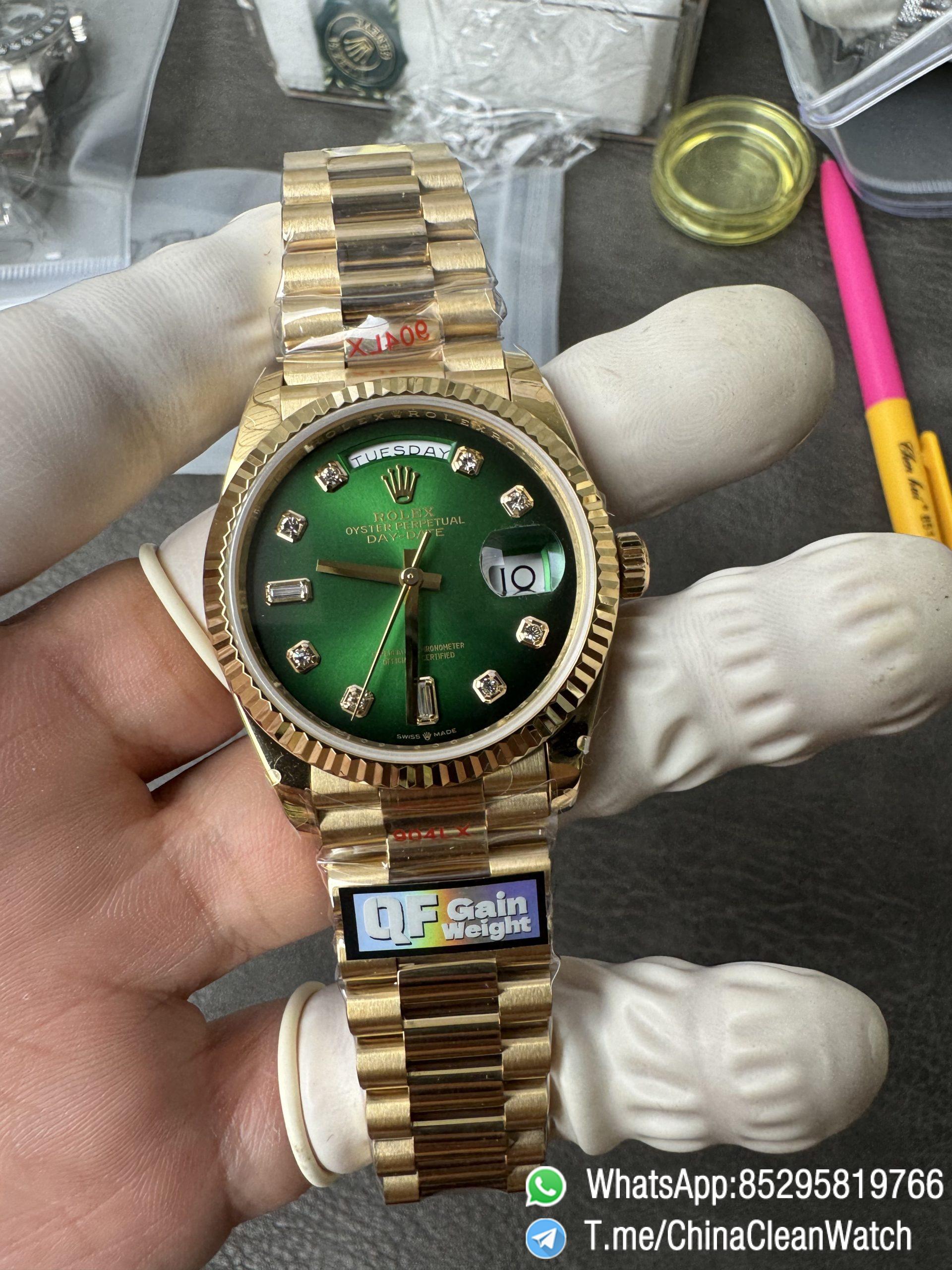 Clean Factory Watches QF Gain Weight 156g Day Date 36mm M128238 0069 Yellow Gold Case Green Ombre Diamonds Dial A2836 Movement 04 Clean Factory Watches QF Gain Weight 156g Day Date 36mm M128238 0069 Yellow Gold Case Green Ombre Diamonds Dial A2836 Movement 04