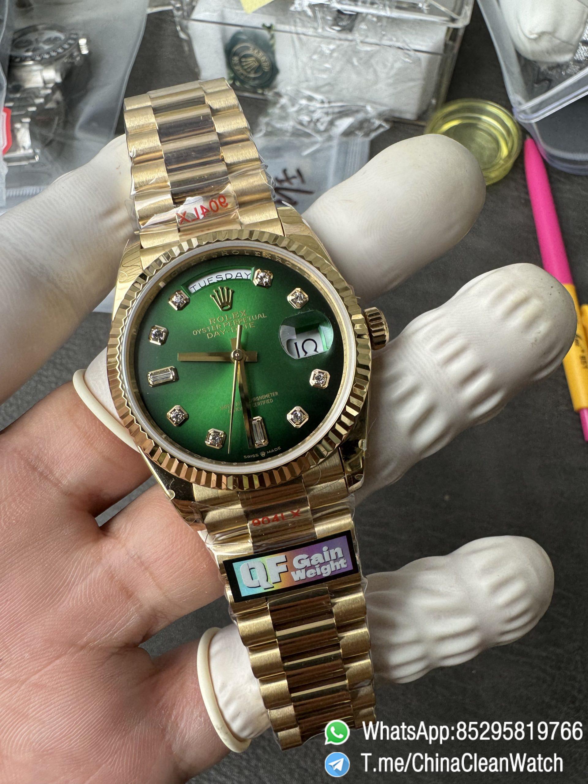 Clean Factory Watches QF Gain Weight 156g Day Date 36mm M128238 0069 Yellow Gold Case Green Ombre Diamonds Dial A2836 Movement 05 Clean Factory Watches QF Gain Weight 156g Day Date 36mm M128238 0069 Yellow Gold Case Green Ombre Diamonds Dial A2836 Movement 05