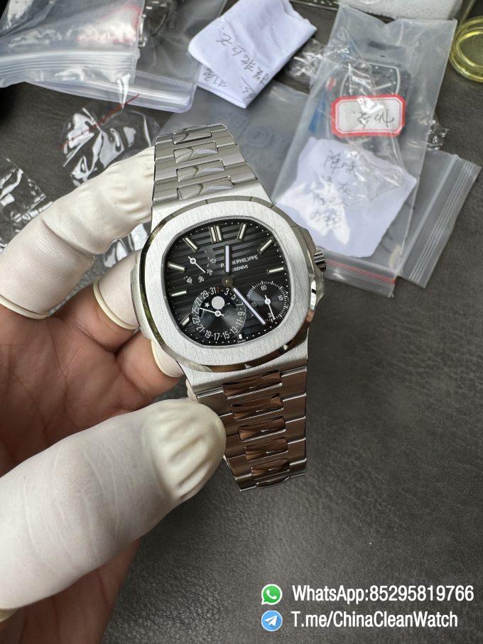 OMEF Custom Patek Nautilus 5712 Blue Dial Moon Phase and Power Reserve Display Free Sprung Balance 240 Movement Brushed Finish Bracelet 05
