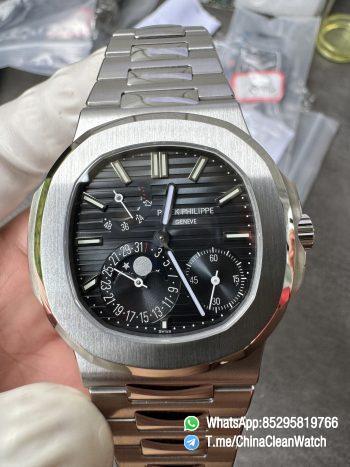 OMEF Custom Patek Nautilus 5712 Blue Dial Moon Phase and Power Reserve Display Free Sprung Balance 240 Movement Brushed Finish Bracelet 12